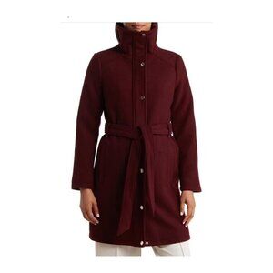 Michael Kors Womens Red Wine Full Zip Snap Belted Wool Blend Pea Coat Sz M New
